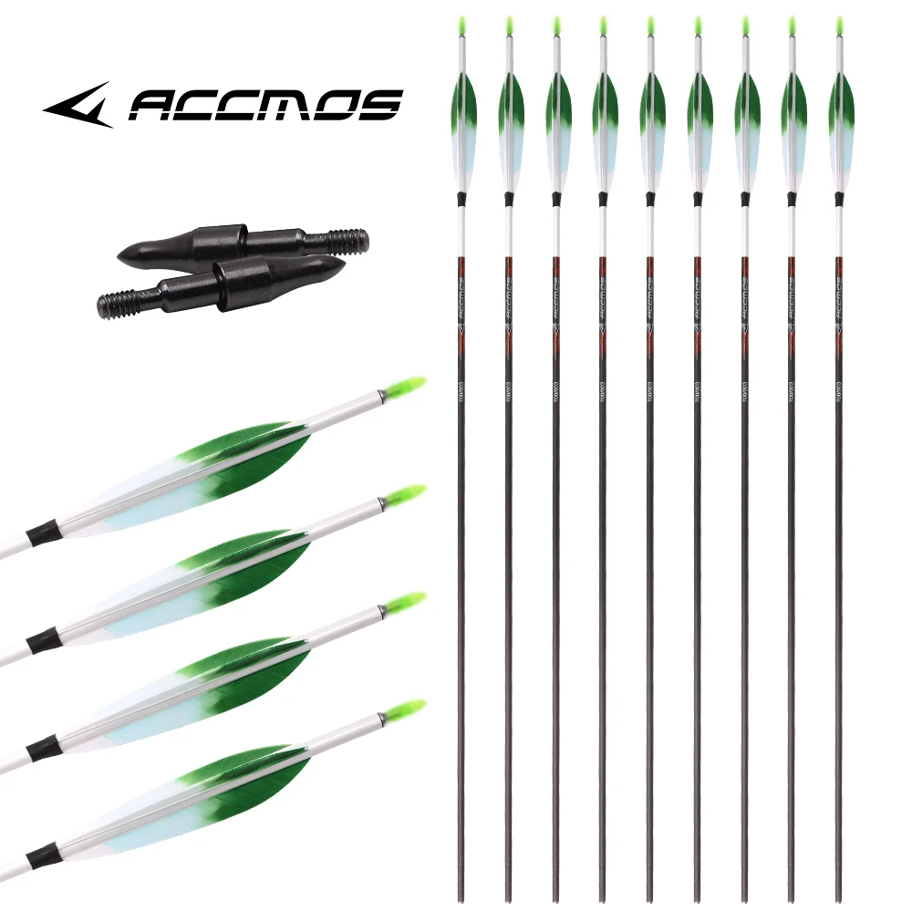 ID 6.2mm 6/12개입 양궁용 순수 카본 화살 스파인 200 250 300 400 500 600 700 800 샤프트 스티커 포함 5인치 그라데이션 깃털