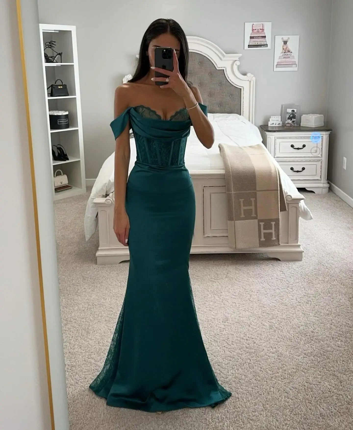 Customized Emerald Green Mermaid Lace Corset Prom Dresses Long for Women 2025 Off the Shoulder Formal Evening Gowns