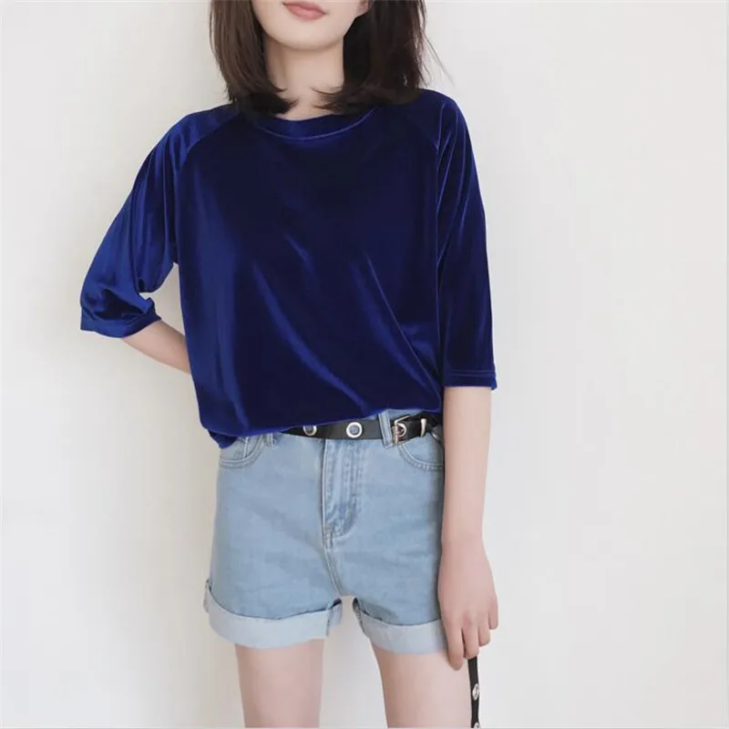 2024 Spring and Autumn Fashion Slim Gold Velvet Shirts Half Sleeve 0-neck Thin Tops Summer casual Velours Woman Blouse