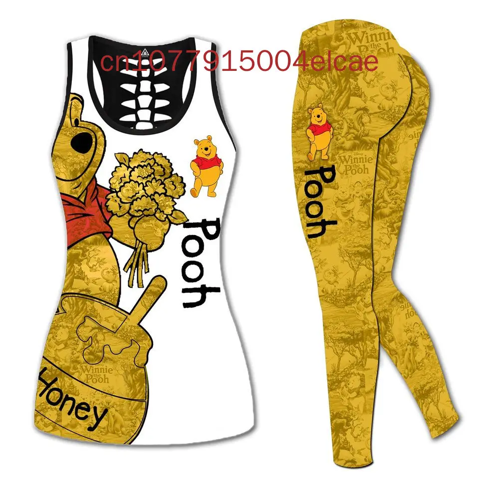 Winnie the Pooh Women's Cutout Tank Top Leggings Yoga Set Summer Fitness Leggings Tracksuit Disney Hollow Tank Top Leggings Set