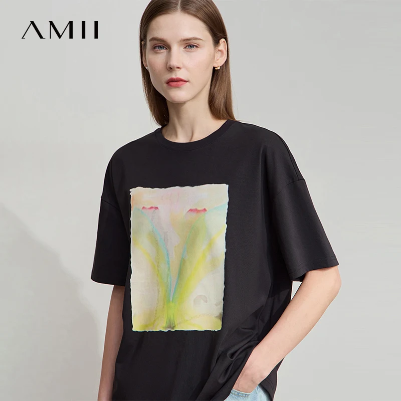 

AMII Minimalist Top Women 2025 New Summer Print Short Sleeve Round Neck Loose Shirts Female Versatile Casual Ladies Top 12522102