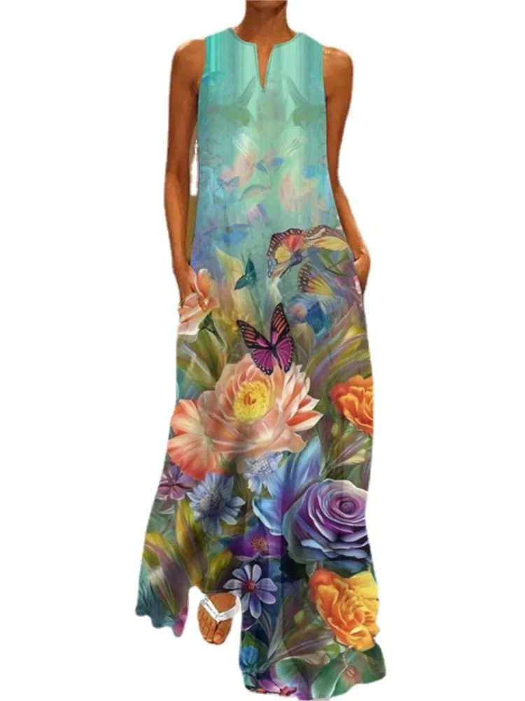 2025 Summer New Vintage Flower Printed Long Dresses Women Fashion V-neck Loose Sleeveless Dress Casual Commuting Vestidos Female — zdjęcie 7