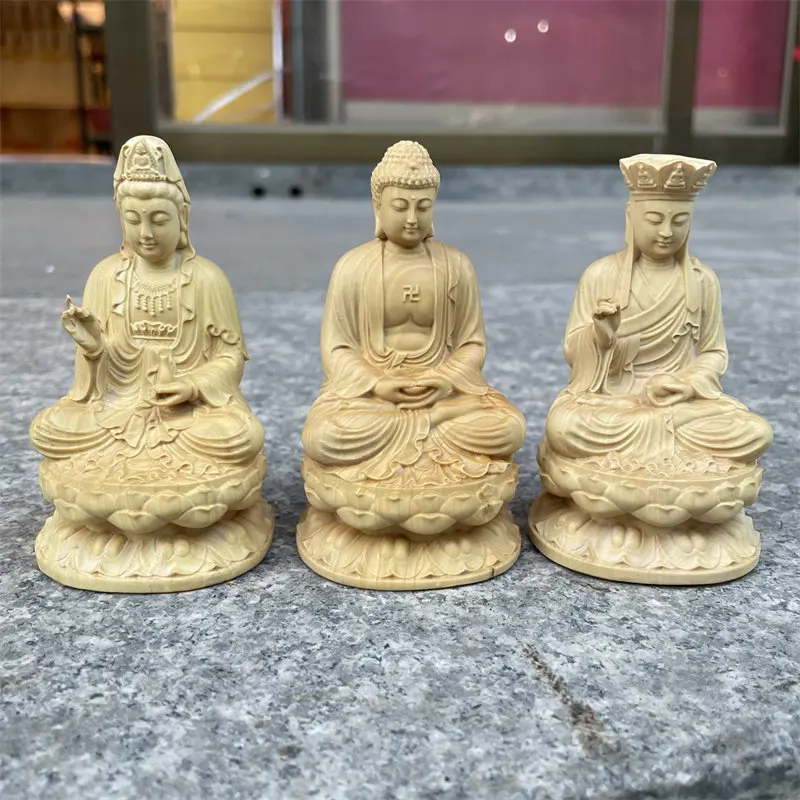Boxwood Shakyamuni Guanyin Ksitigarbha Triad Small Figurine Buddhist Altar Statue for Bookshelf Decor and Meaningful Gift Giving