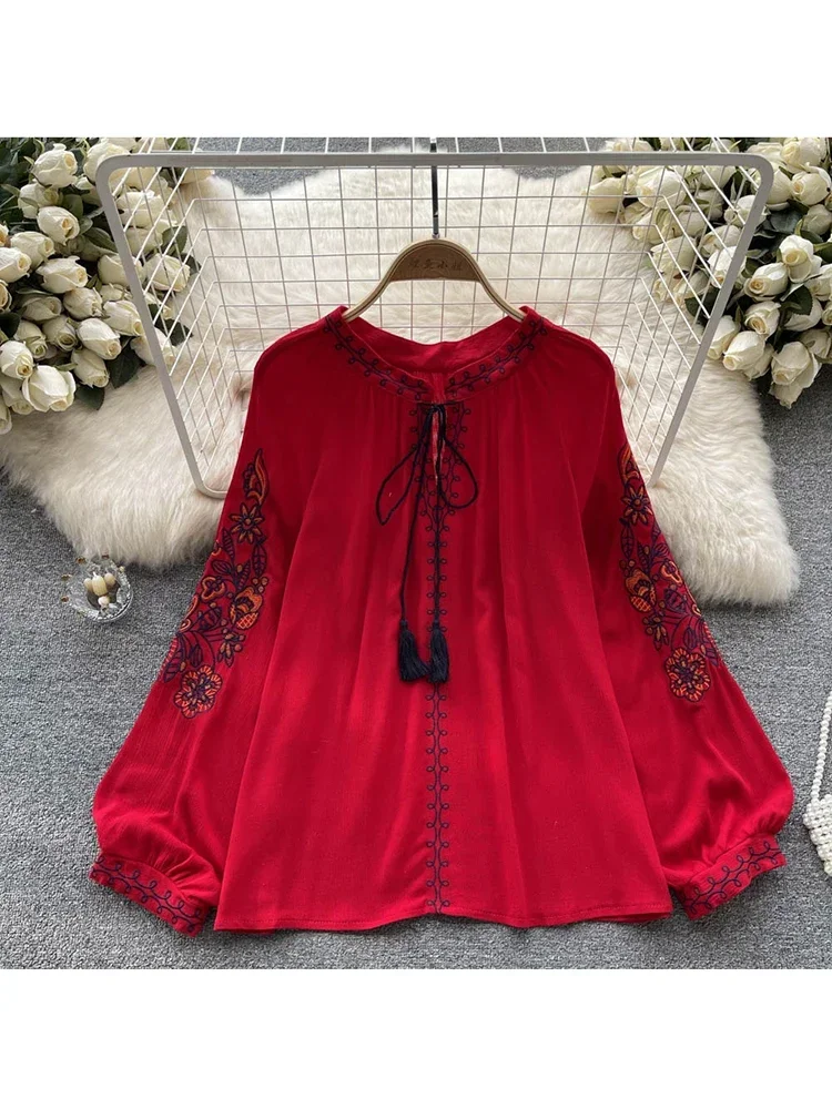 Women Spring Autumn Blouse French with Foreign Air Thin Retro Ethnic Style Embroidery Printing Lace Up Chic Shirt Tops D2533