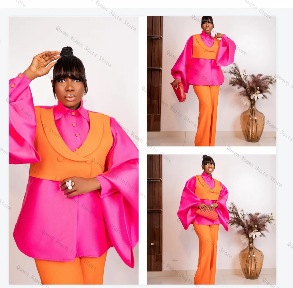 

Pink Orange Women Suit Set 3 Piece Vest+Blazer+Pants Trousers Formal Office Lady Jacket Prom Wedding Bride Coat Customized