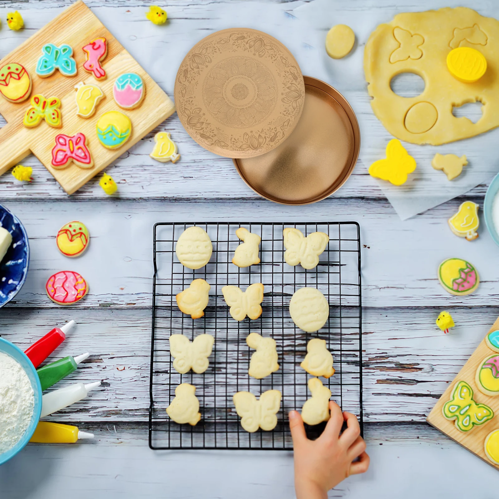 

Cake Pan Tinplate Round Cookie Case Baking Dessert Container Storage Packaging Box For Wedding Birthday Party Lightweight