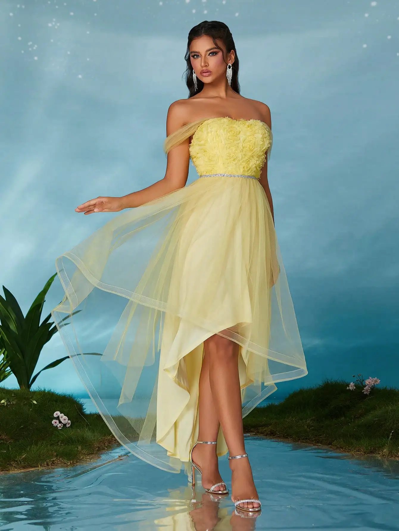 MGIACY Vestido grande de gaze de camada dupla bordado tridimensional com decote em I