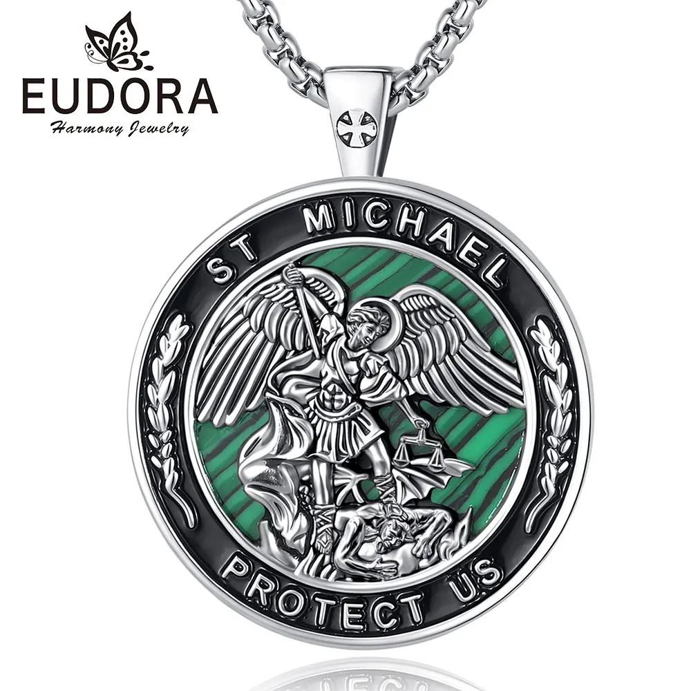 Eudora Copper Malachite St.Michael Archangel Necklace for Man Woman Cross Medal Pendant Religious Amulet Protection Jewelry Gift