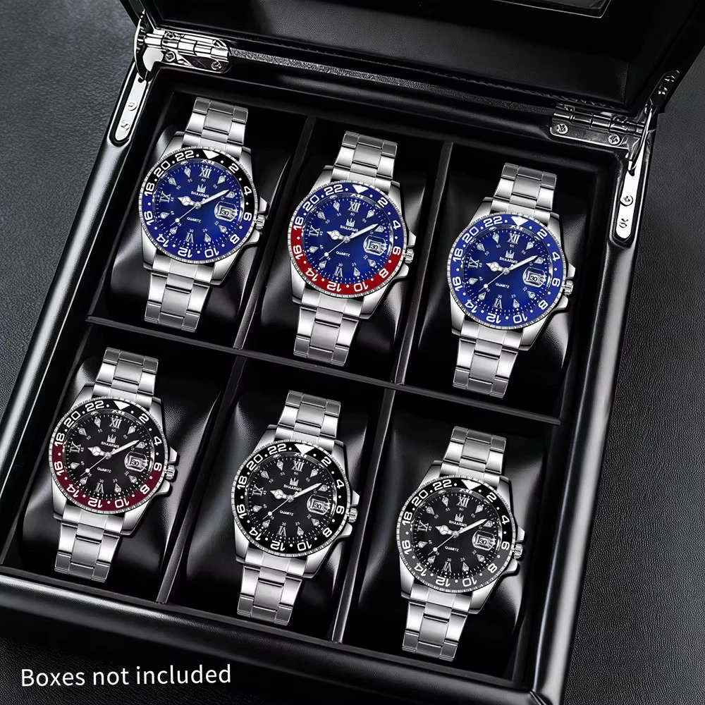 6pcs/set Men's Calendar Watch Set, Stainless Steel Strap, Suitable for Daily Casual Wear in Various Occasions