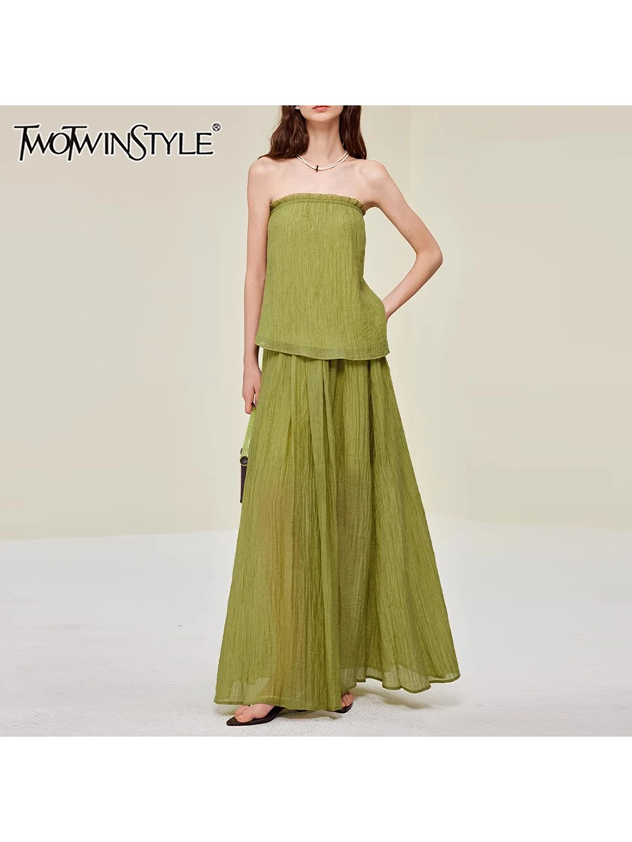 

TWOTWINSTYLE Solid Two Piece Set For Women Slash Neck Sleeveless Top High Waist Minimalist Skirt Sets Female Fashion Style New