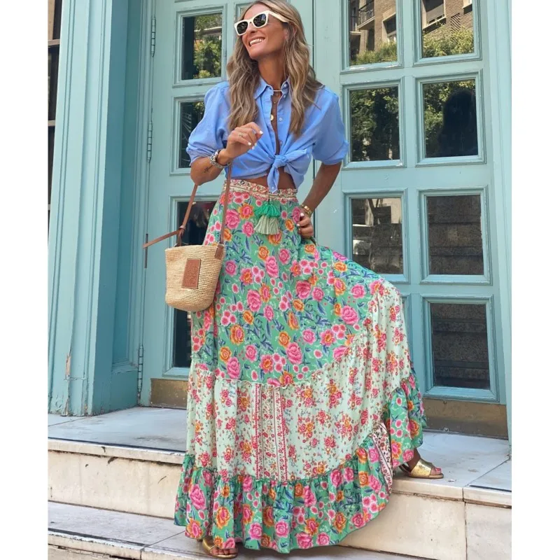 

Summer Flower Beach Sundress Long Skirt New Street Style Women's Printed Fashion Long Skirt Ruffle Edge Skirt Half Skirt