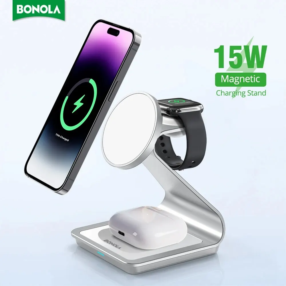 Bonola Magnetic 3 in 1 Charger Desk Stand for iPhone 15 Pro Max/14/13/12/Apple Watch Fast Wireless Charger Station for AirPods