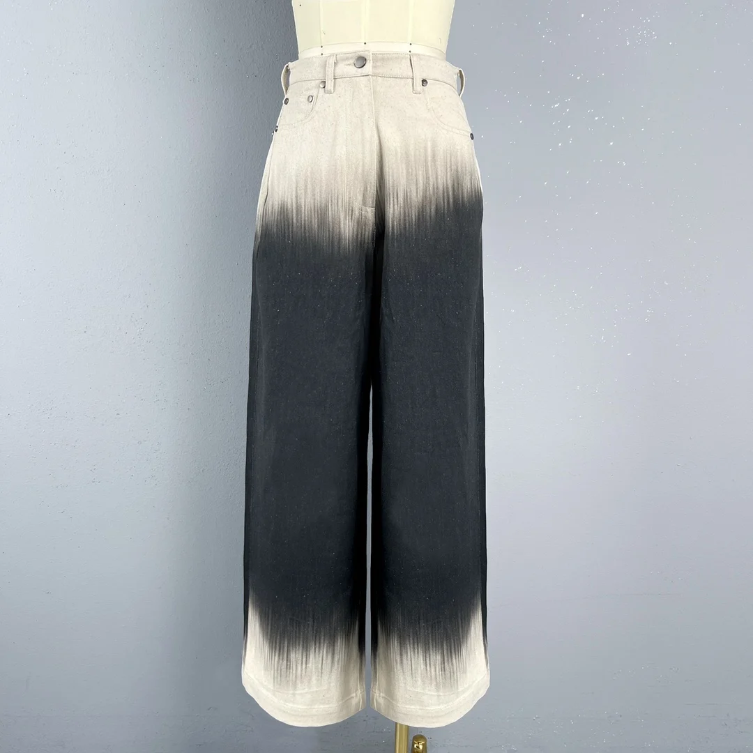 2024 Women's Clothing Tie-dye color-blocked high-waisted straight pants Spring Summer New 413