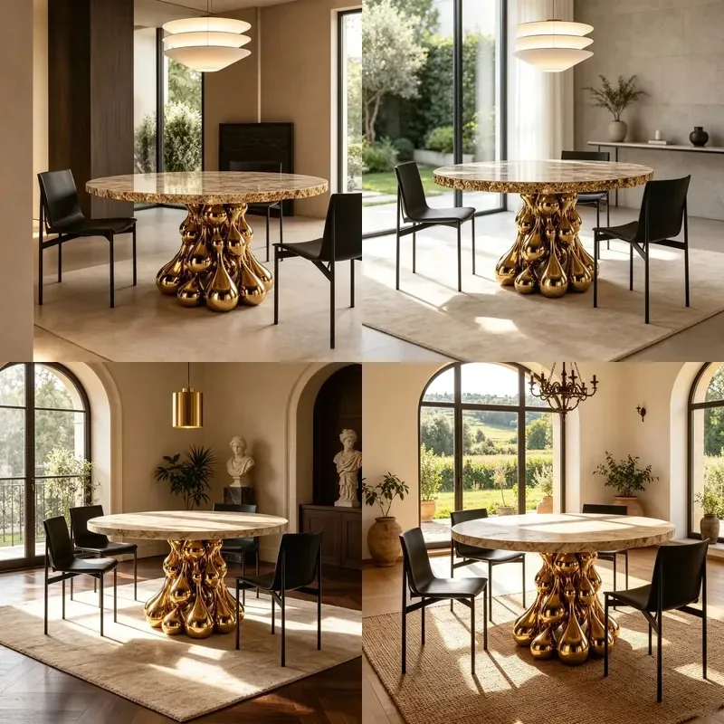 Luxury Round Marble Dining Table with Golden Teardrop Sculpture Base Designer Style for Villa Hotel Restaurant