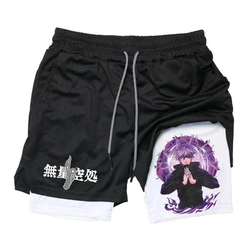 Anime Jujutsu Kaisen Compression Shorts for Men, Quick Dry Athletic Shorts, Pocket Performance, Gym, Workout, Fitness, 2 in 1