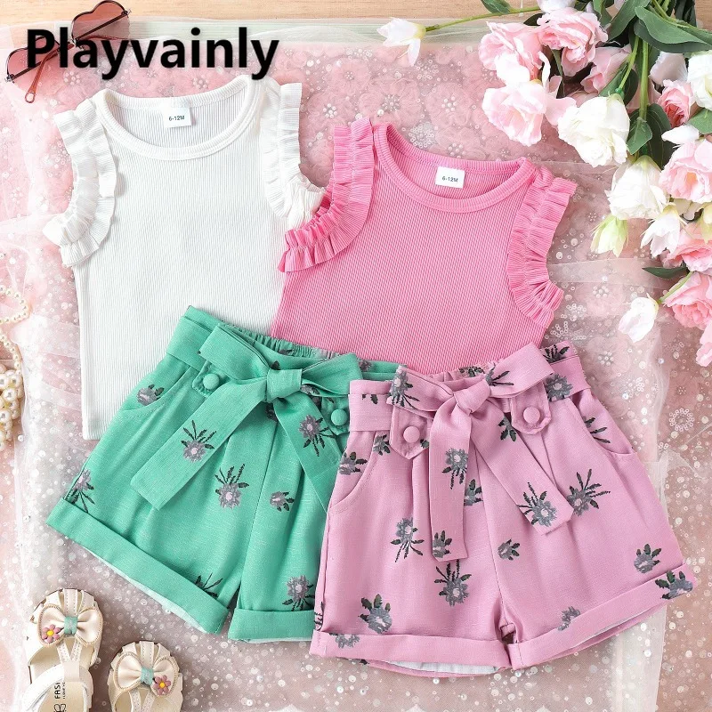 

Летние повседневные комплекты для девочек: однотонный жилет в рубчик без рукавов + розовые и зеленые шорты с цветочным принтом, для повседневной носки X0217