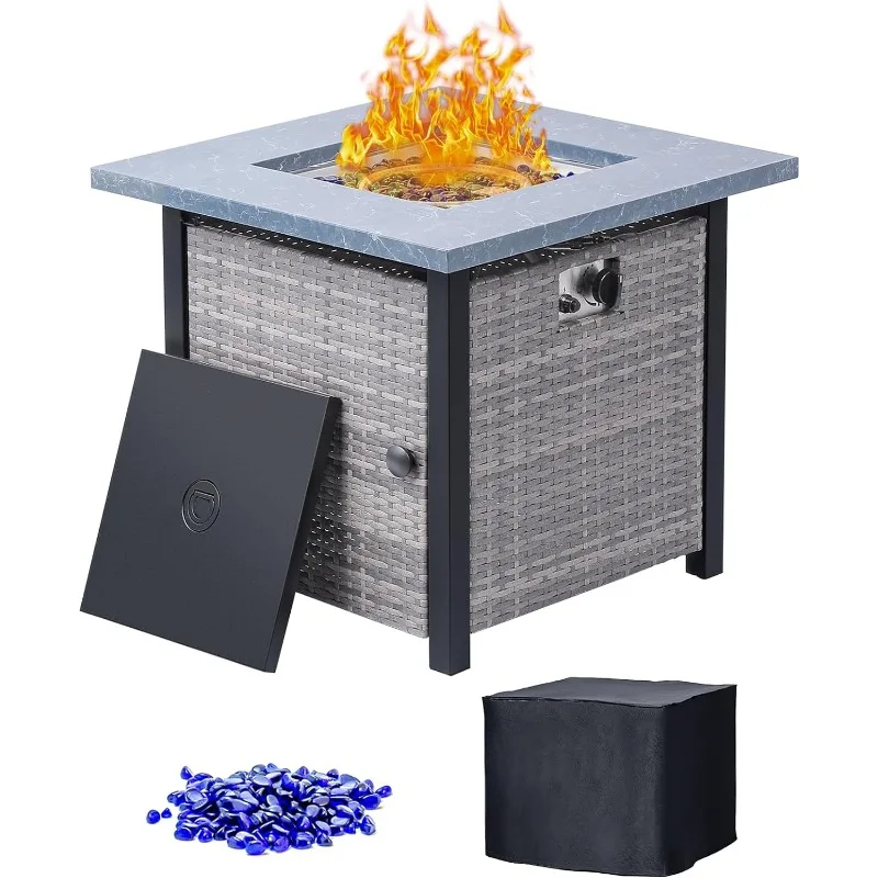 32 Inch Outdoor Propane Fire Pit Table Rattan Wicker 50,000 BTU Gas Firepits with Steel Lid,PVC Cover & Blue Fire Glass