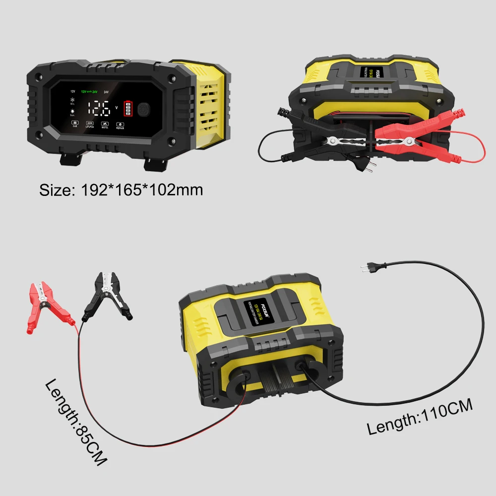 FOXSUR 12V-24V 10A 5A Car Battery Charger Portable Automatic Pulse Repair Charger for Lifepo4 AGM Lead-Acid Battery