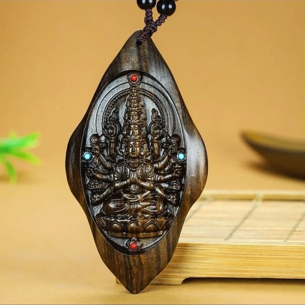 Natural Agarwood Thousand Hand Guanyin Pendant, Hand-Carved High Oil Buddha Amulet, Meditation Spiritual  Gift