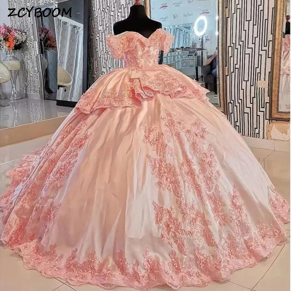 

Gorgeous V-Neck Off The Shoulder Sleeveless Evening Dresses 2023 Ball Gown Floor Length Sweep Train Appliques Quinceanera Dress