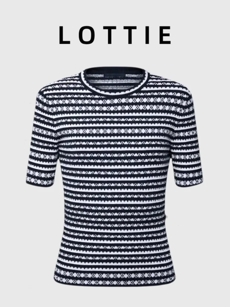 

Вязаный свитер Lottie с вышивкой, узором в полоску и микро-логотипом, приталенный, круглый вырез, весна-лето, новинка...