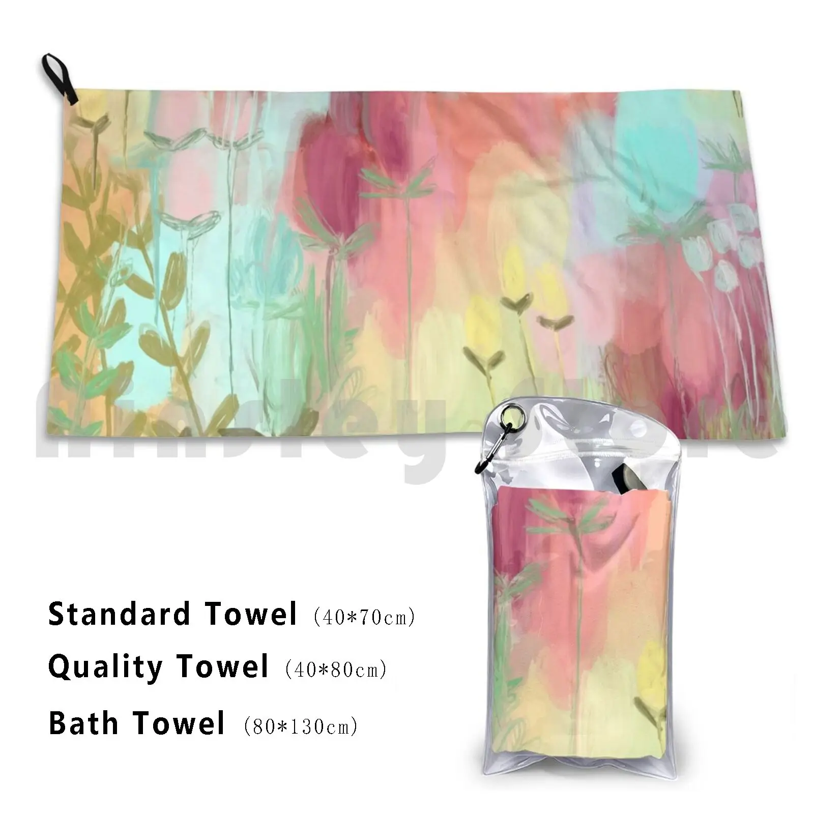 Peachy Meadow Custom Towel Bath Towel Peach Design Floral Tulips Leaves Flowers Nature Plants Spring Meadow