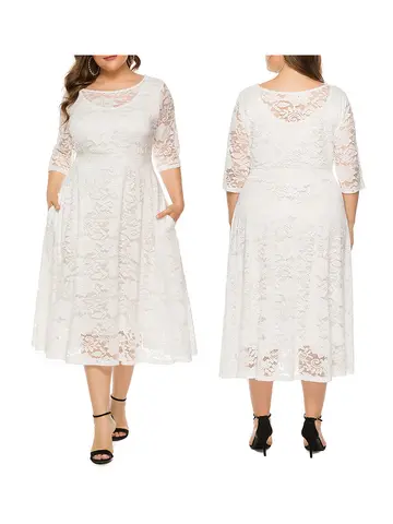 Elegant V-ringad A-linjeklänning med blommig spets och fickor Perfekt för strandfester och kvällsevenemang i plus size 8 best sales middagsklänning för plus size - №1