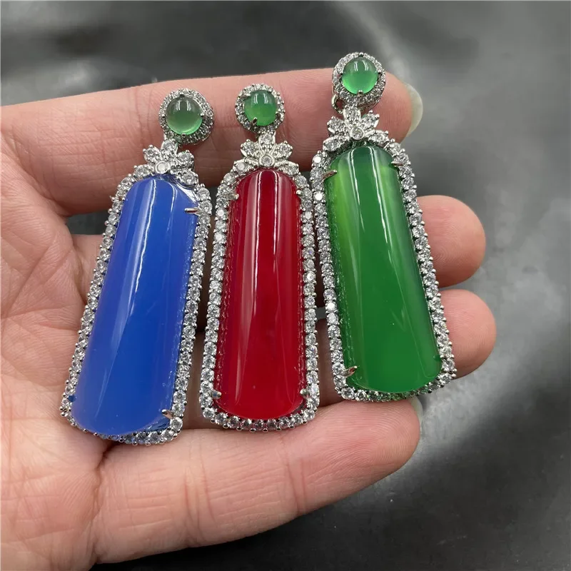 

925 Silver Inlaid Green Chalcedony Long Blue Agate Safety-Blessing Card Red Jade Sweater Chain Pendant