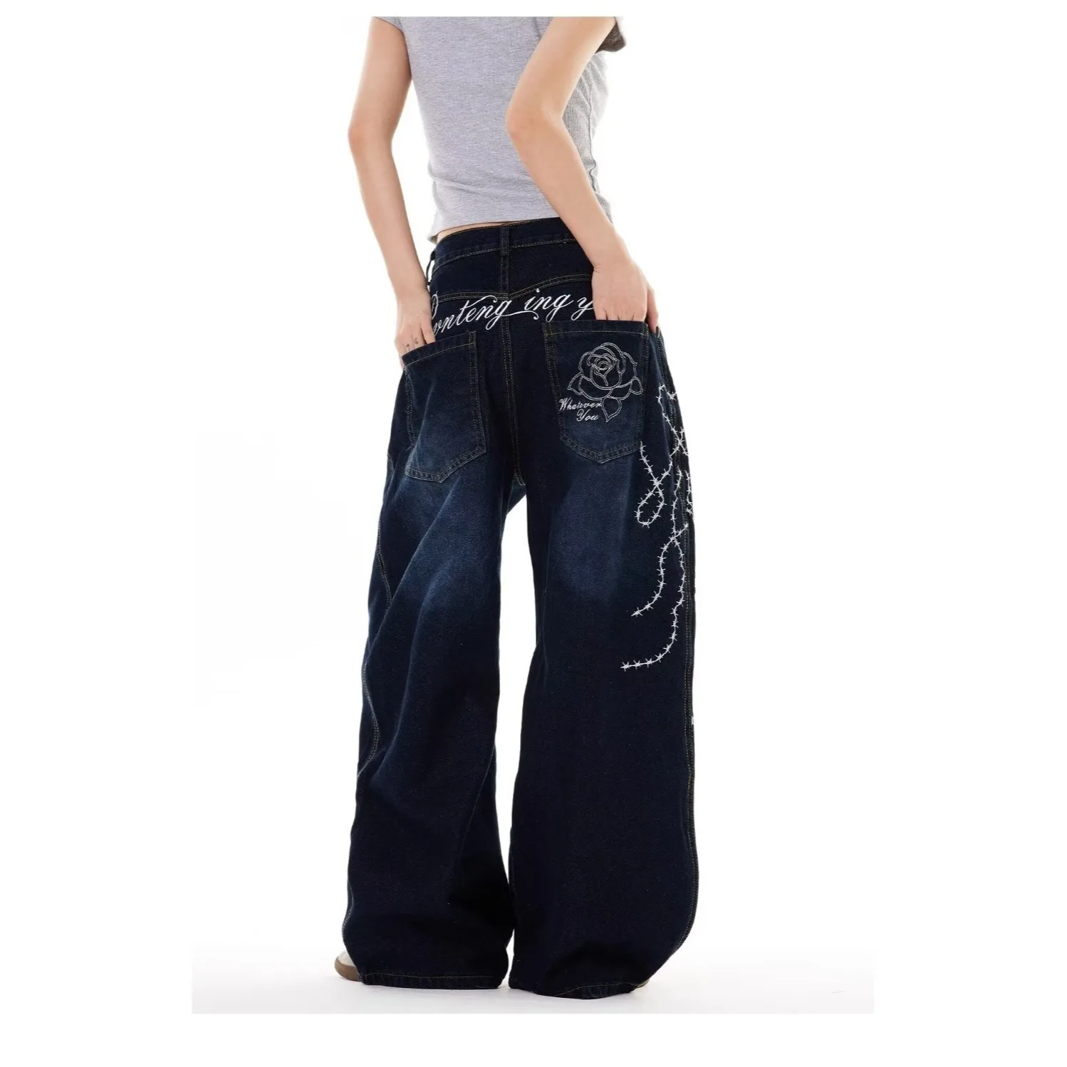 

Джинсы Scimitar с большими карманами в стиле ретро, женские осенние новые свободные и тонкие прямые широкие брюки с уличным дизайном, изысканные простые