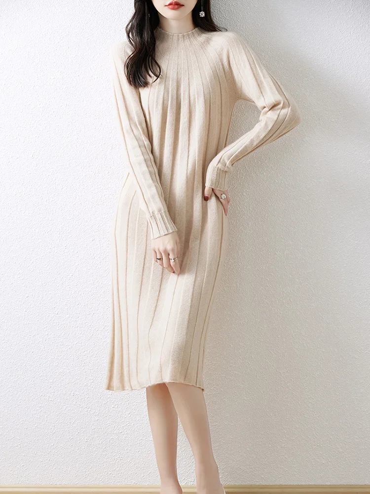 Women\'s Semi-High-Necked Cashmere Dress, Long Bottoming Thick Sweater, Straight Skirt, Loose Slim Knit Skirt, Autumn and Winter