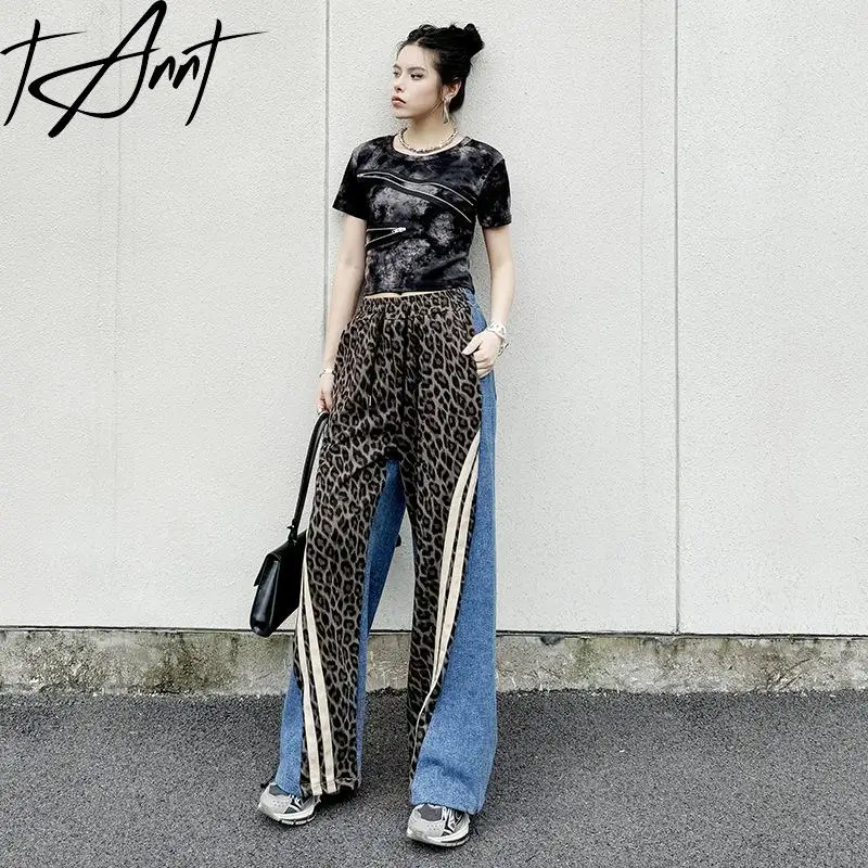 Tannt Women Pant Leopard Patchwork Vintage High-waisted Wide Leg Pant Asymmetric Fashion Casual Long Jeans Pants Women 2025