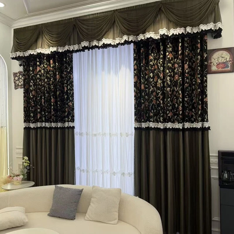 New French Princess Skirt Lace Mosaic Jacquard Chenille Curtains for Bedroom Living Room French Window Bay Window Sunscreen