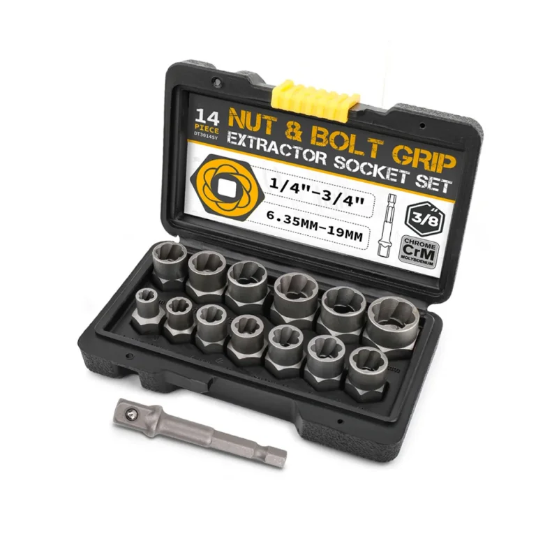 14 Pieces Impact Bolt & Nut Remover Set Cr-Mo Steel Bolt Extractor Tool Set with Solid Storage Case for Industrial Drop Shipping