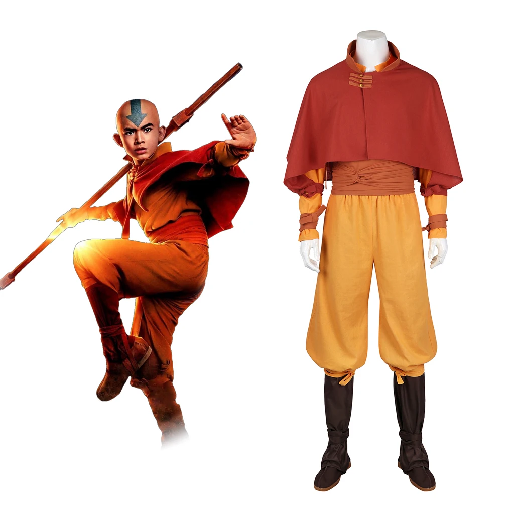 

Aang Cosplay Costume Red Cloak Top Pants Shoes Set Avatar The Last Airbender Outfits Men Halloween Carnival Suit Custom Made