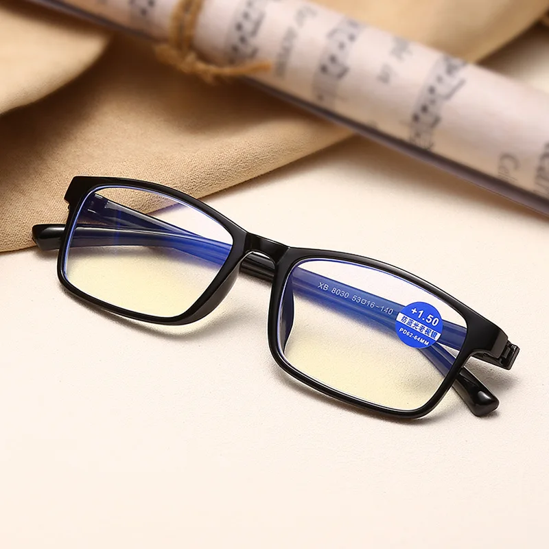 Gafas de lectura para hombre y mujer, lentes de lectura con luz azul, montura de PC, gafas de presbicia negras y rojas + 100 a + 400