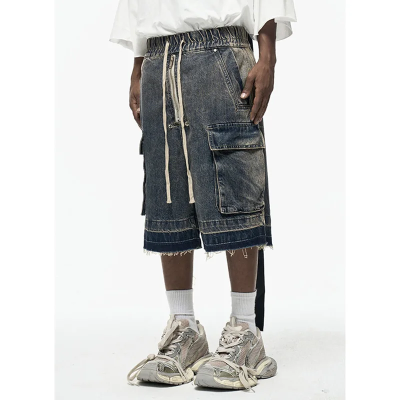 2025 High Street Zipper Burr Side Pocket Tooling Shorts Washed Old Streamer Loose Denim Five-point Pants Men