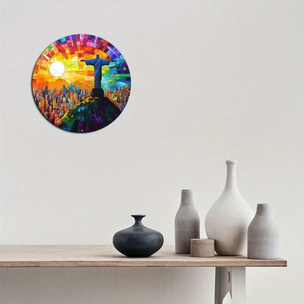 Vibrant Rio De Janeiro Christ the Redeemer Cityscape Metal Wall Art - 8inch Round Aluminum Prints with Colorful Mosaic Design