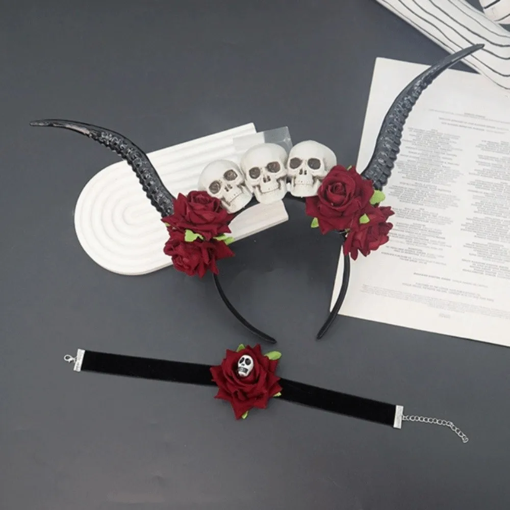 

Flower Crown Halloween Ox Horns Headband Gothic Style Skull Sheep Horn Hairband Unique with Neckband Red Rose Headband Cosplay