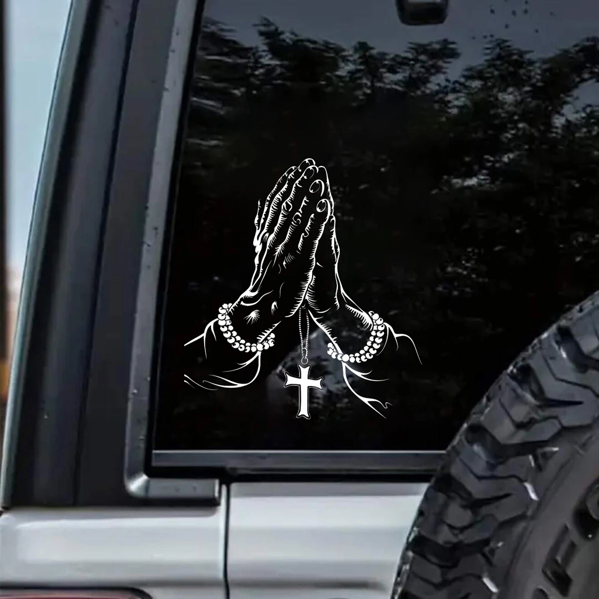 

1pc Car Sticker Prayer Gesture Personalized Rosary Cross Object Car Body Sticker Waterproof Self-Adhesive