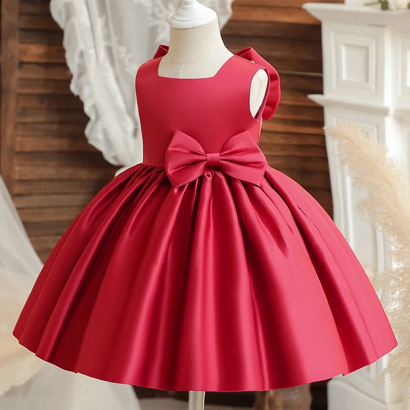 Big Bow Sweet Baby Girls Dress Solid Elegant Toddler Kids Christening Birthday Vestidos Weddings Party Kids Girls Princess Dress