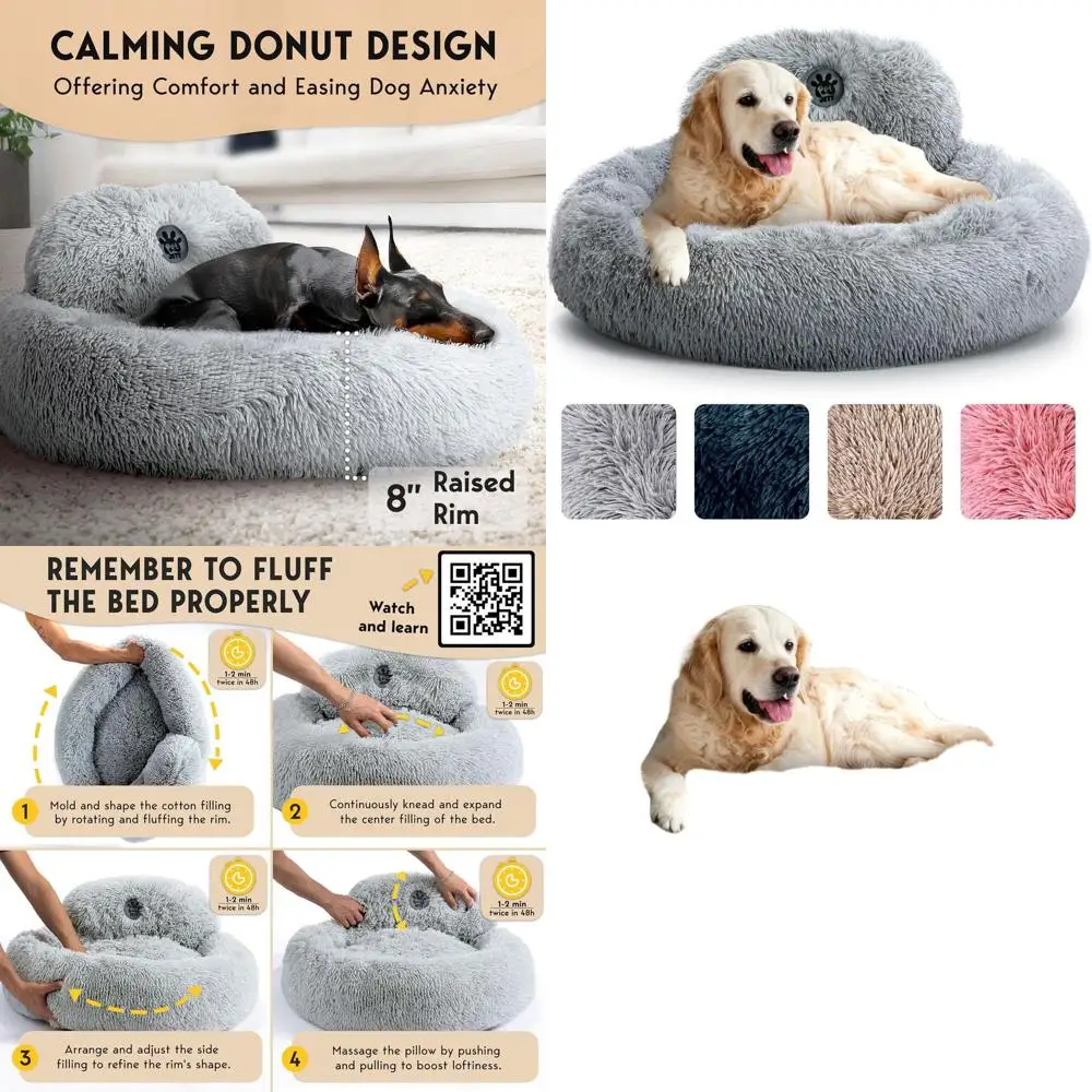 

Большая 36 круглая успокаивающая кровать для собак PetJett, мягкий искусственный мех, противоскользящая, моющаяся, подходит для собак до 100 фунтов, ярко-серый