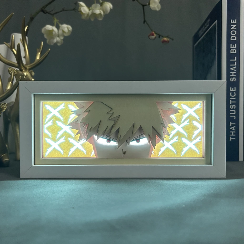 Figuras de Anime My Hero Academia Bakugo, caja de luz para decoración de habitación, Manga, tallado de papel, mesa, lámpara de escritorio,