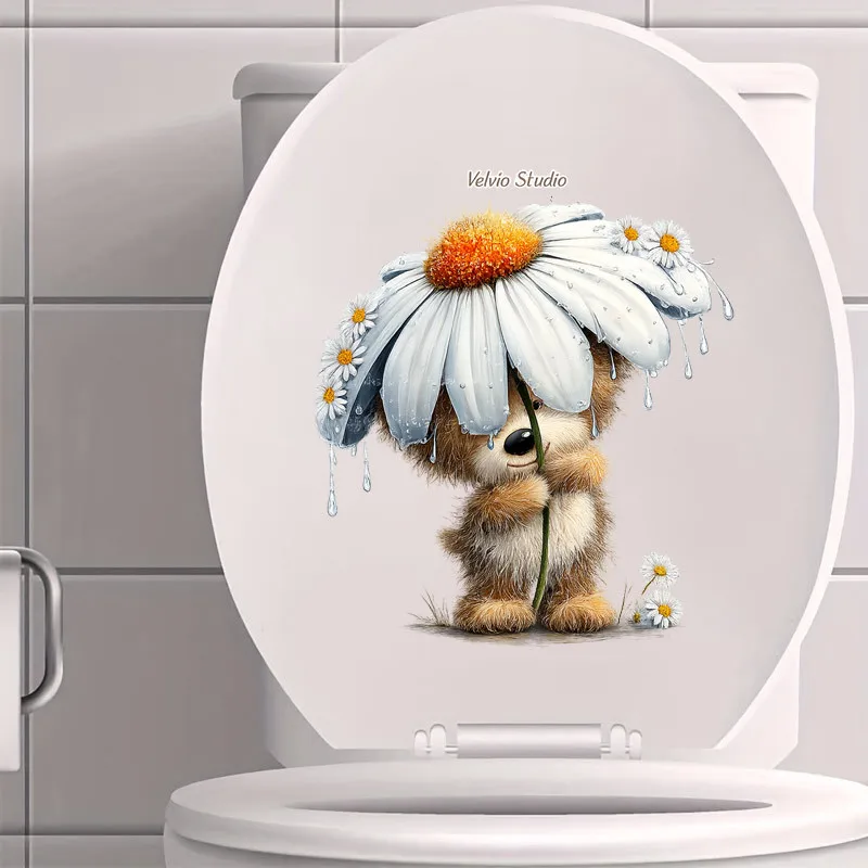 1 cute teddy bear with daisy toilet decal, featuring waterproof and bathroom stickers with white daisy patterns and other elemen