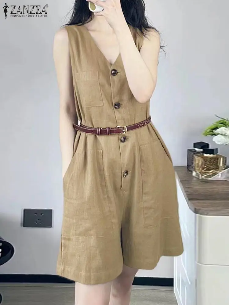 

ZANZEA Summer Sleeveless Loose Rompers Women Casual V-neck Jumpsuits Fashion Buttons Playsuits Holiday Tank Wide Leg Overalls