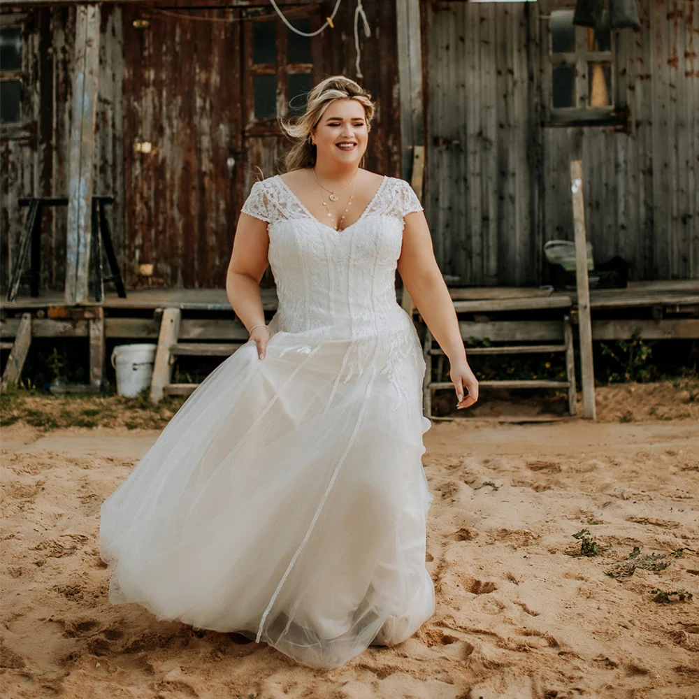 Alta qualidade vestidos de casamento para as mulheres mangas curtas rendas até vestido de noiva sem costas renda apliques a linha vestido de roiva mais tamanho