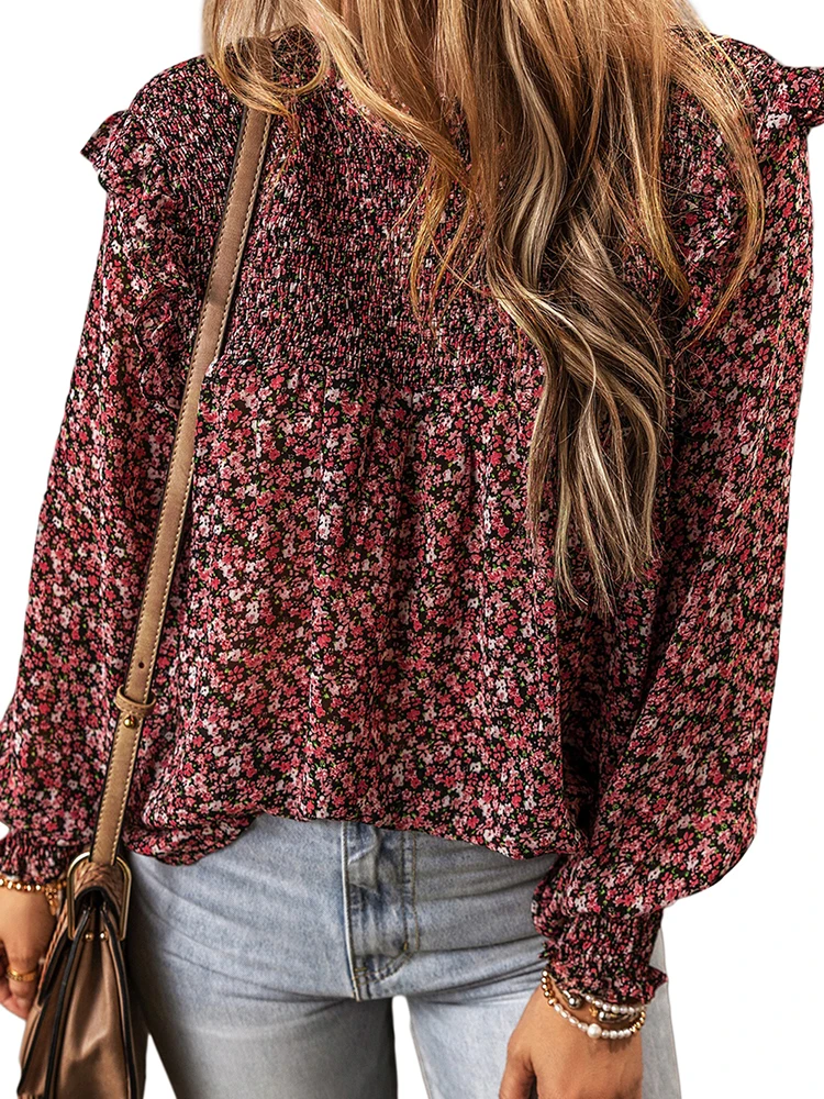 Wiosenna Cienka Bluzka Damska z Szyfonu w Kwiatowy Wzór, Luźny Krój, Okrągły Dekolt, Długi Rękaw, Poliester