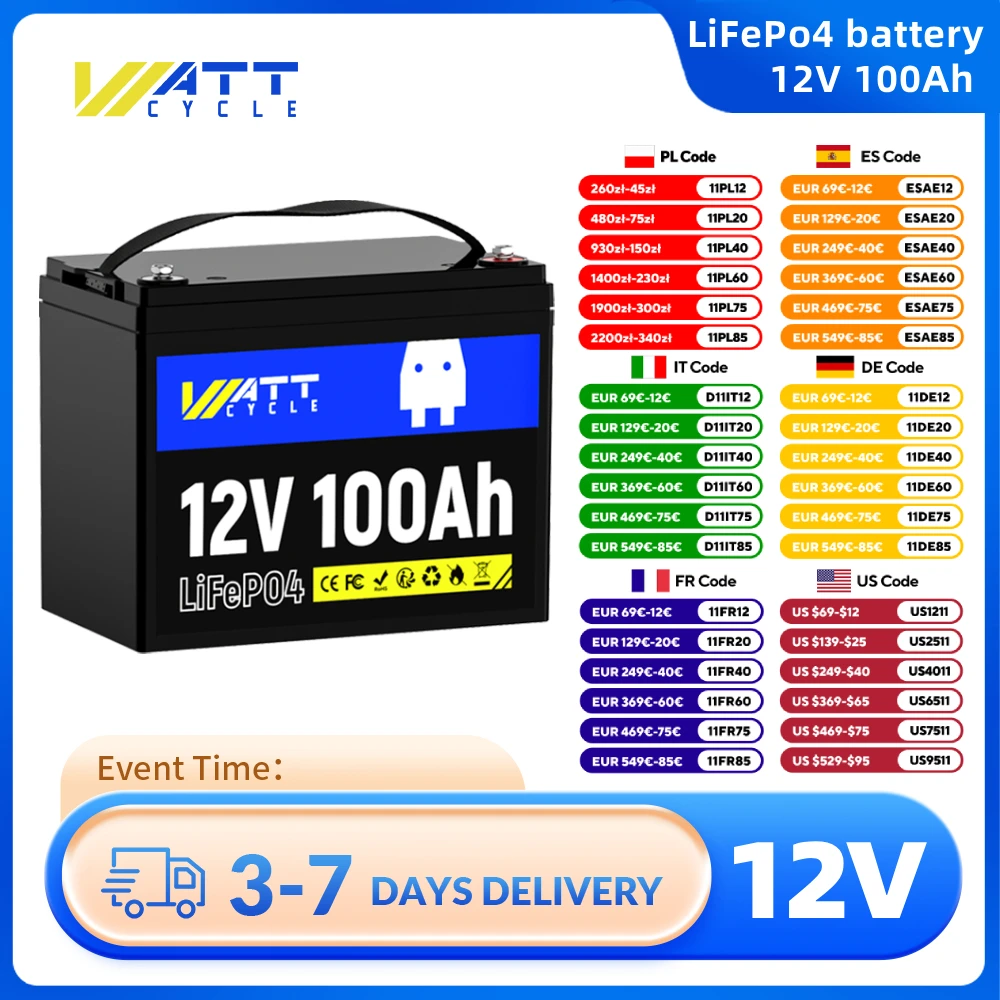 Wattcycle LiFePO4 Battery 12V 100Ah Group 24 Built-in 100A BMS Rechargeable Lithium Iron Phosphate Battery Packs For RV, etc
