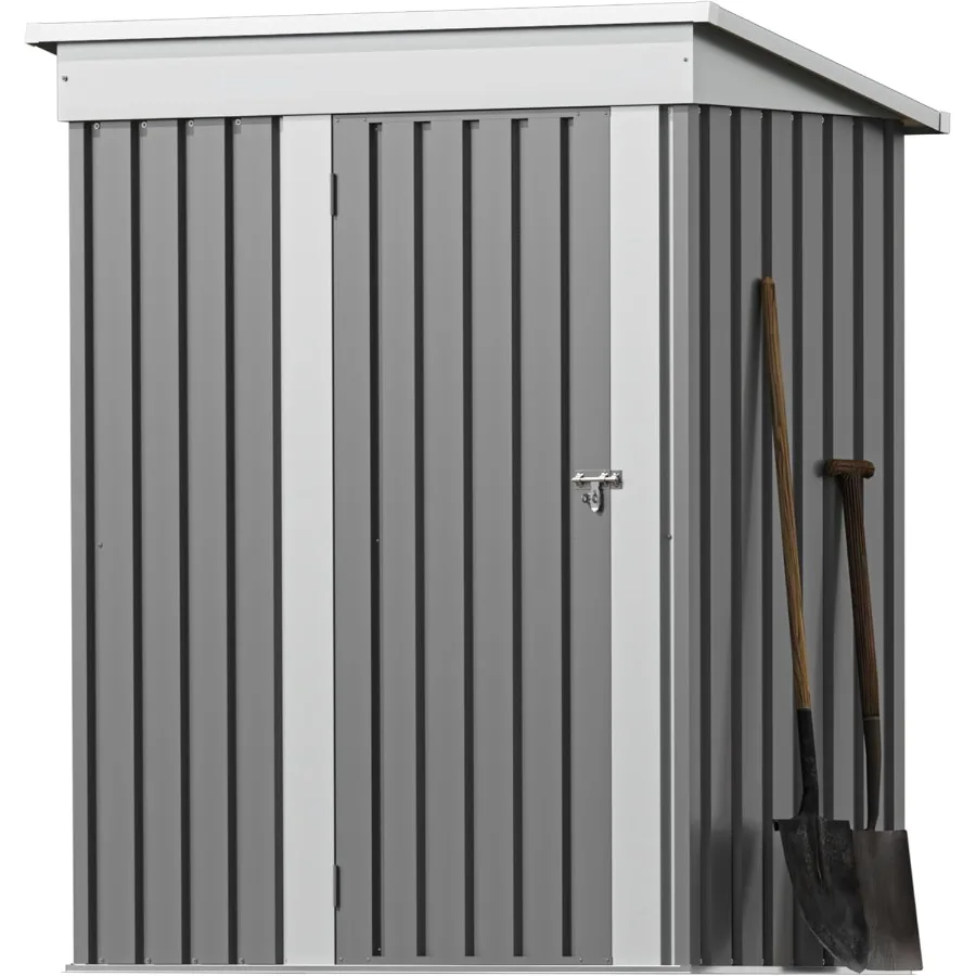 Outdoor storage shed for garden, patio, backyard use; galvanized steel material; gray color; rust-resistant, lockable doors, sl