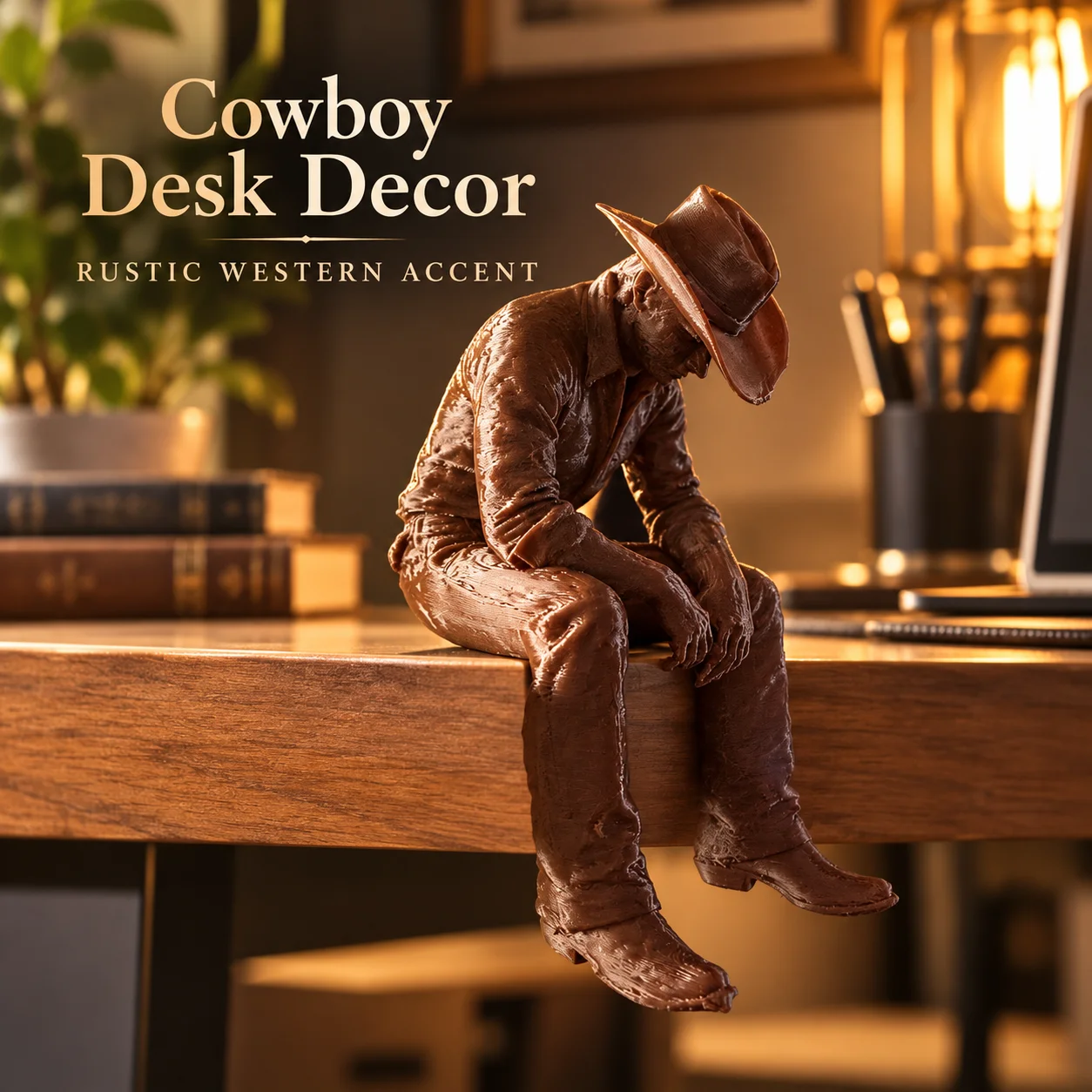 3D‑Printed Seated Cowboy Sculpture, Retro Western Style Figurine, Unique Desktop Ornament for Home & Office Decor,