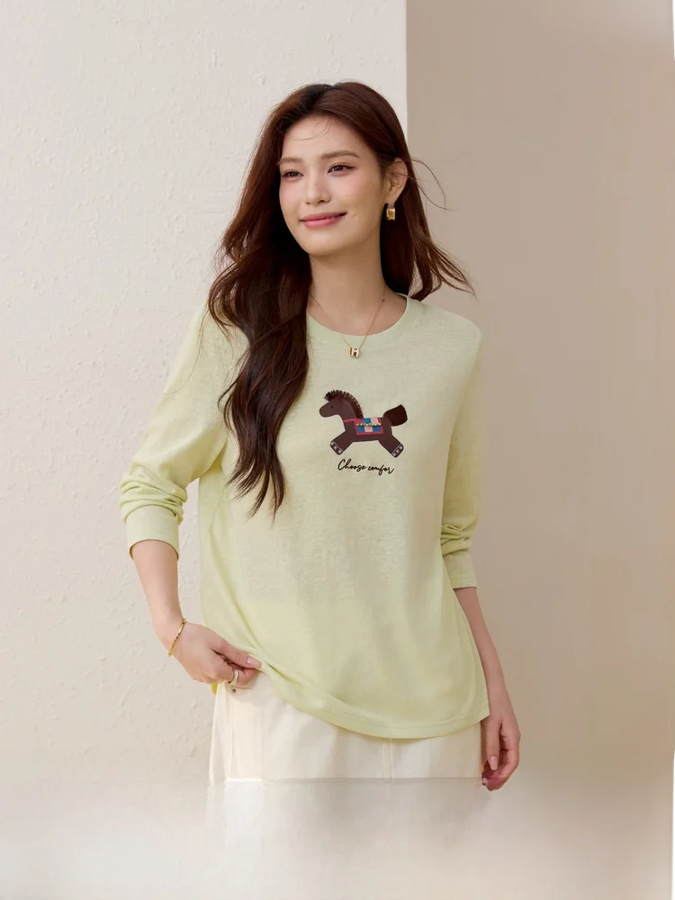 

Comfortable Loose round Neck T-Shirt Age-Defying Pattern plus Size Women's Spring New Style Korean Style Long Sleeve Cotton P...